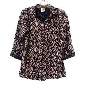 Weird Fish Ginny Organic Jersey Shirt Dark Navy Button Up 3/4 Sleeve Blouse Top